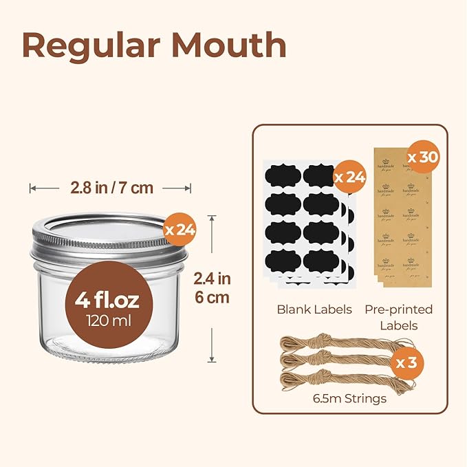 ComSaf Small Regular Mouth Mason Jars Bulk 4oz 24PCS Mini Mason Containers - Image 2