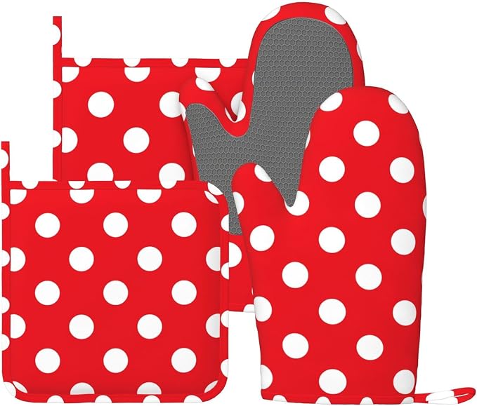 Red and White Polka Dot Oven Mitts and Pot Holders Sets of 4, Heat Resistant by Echoserein