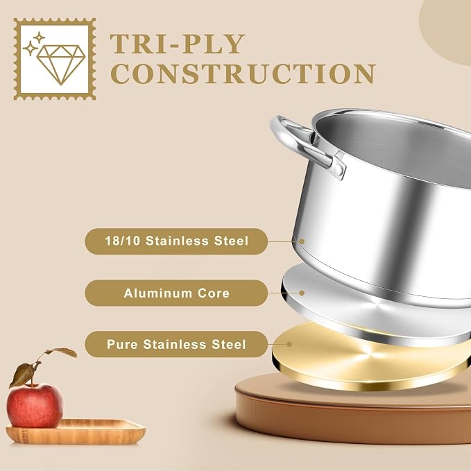 Leonyo 5 Quart Stock Pot with Lid, 18/10 3-ply Stainless Steel Stockpot - Image 3