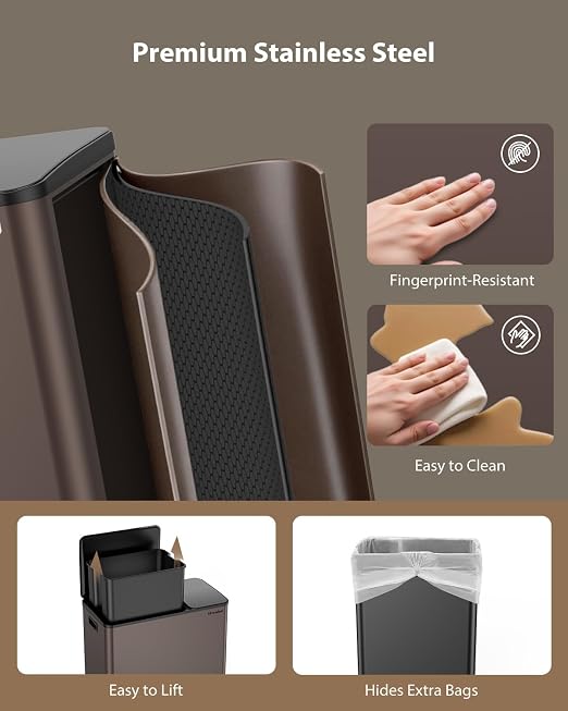 Dual Trash and Recycling Bins for Kitchen, 13.2 + 5.2 Gal Stainless Steel Trash - Image 3