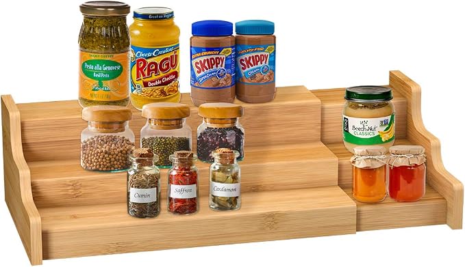 Spice Rack Kitchen Cabinet Organizer- 3 Tier Bamboo Expandable Display Shelf by ZriBamboo