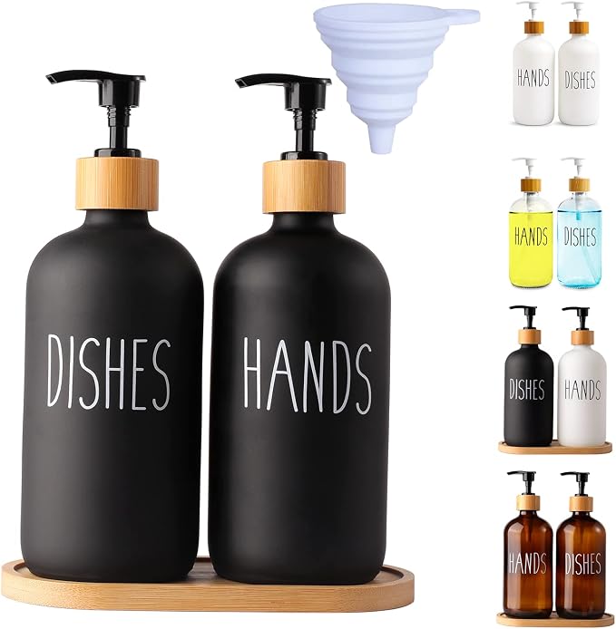 LOOCHICA 2 Pack Black Glass Soap Dispenser Set by Loochica