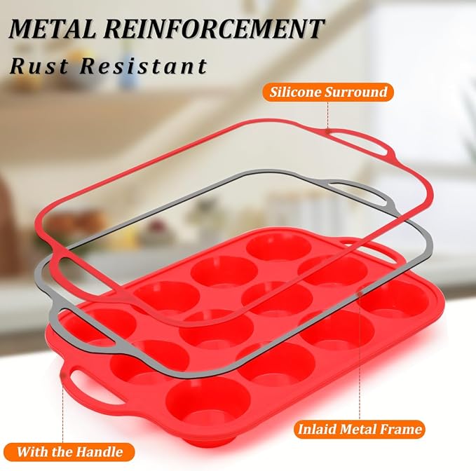 CAKETIME Silicone Muffin Pan, Metal Reinforced Frame Silicone Cupcake Pan - Image 2