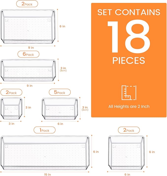 Criusia Drawer Organizer, 18 Pack Large Clear Plastic Kitchen Drawer Organizers - Image 2