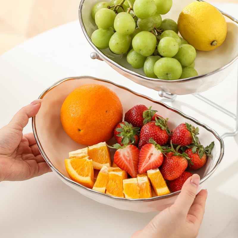 White Fruit Bowl with Gold Metal Stand, 3 Tier Modern Ceramic Fruit