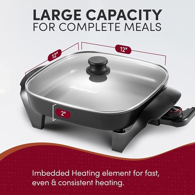 Elite Gourmet 12"x12"x2.15” Ceralast™ PFAS Free Ceramic Electric Skillet - Image 6