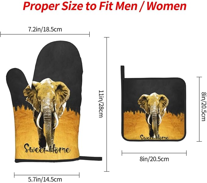 Elephant Oven Mitts and Pot Holders Sets of 3 Black Gold Hot Pads Oven Gloves - Image 4