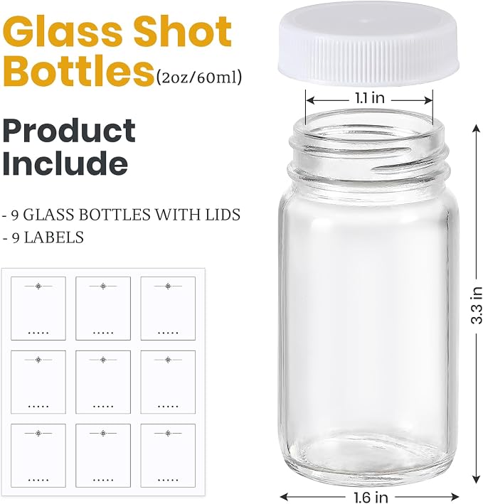 9 Pack 2 oz Glass Shot Bottles w/ White Lids & 9 Labels - Image 2