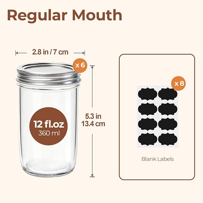ComSaf 12 oz Mason Jars with Lids 6 Pcs, Regular Mouth Canning Jars with Seal - Image 2