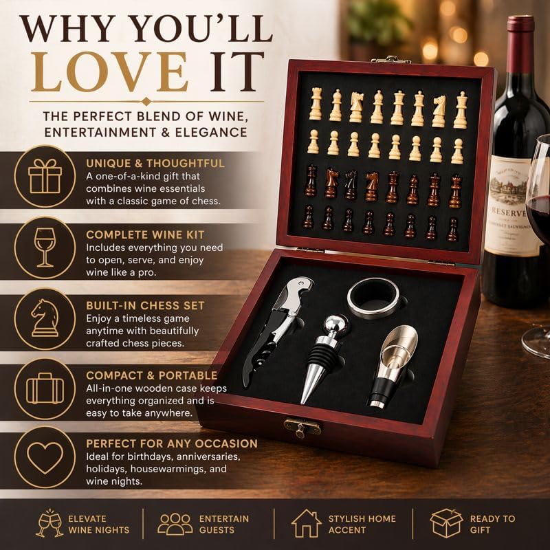 Wine Gift Set with Chess Board – Wine Accessories Kit for Men & Women