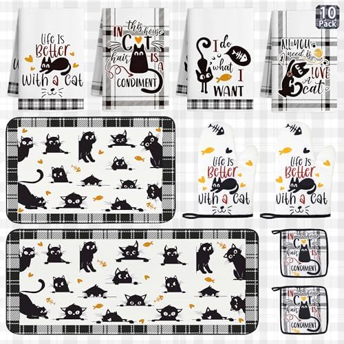 10 Pcs Black Cat Themed Kitchen Decor and Accessories - Sets 4 Kitchen