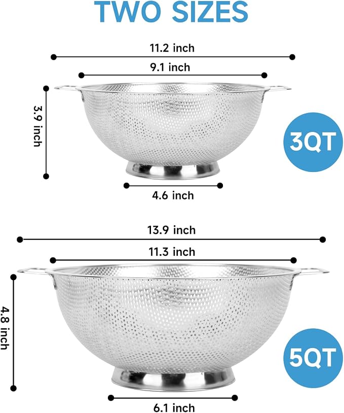 2PCS Colander for Kitchen, 3QT and 5QT, Stainless Steel Colander Strainer - Image 2