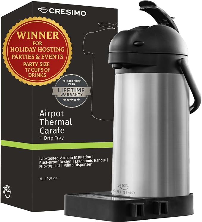 Airpot Coffee Dispenser with Pump & Tray - 102oz/3L Coffee Carafe with Pump - by Cresimo