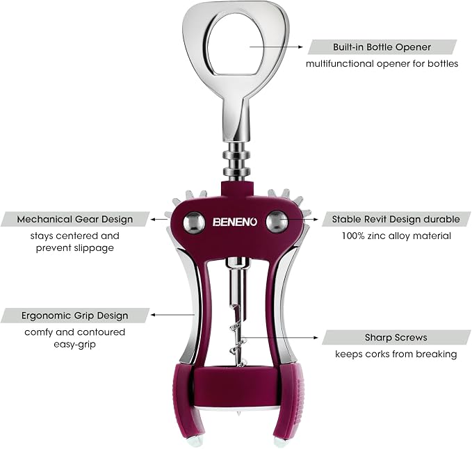 Beneno Wine Opener, Zinc Alloy Premium Wing Corkscrew - Image 3