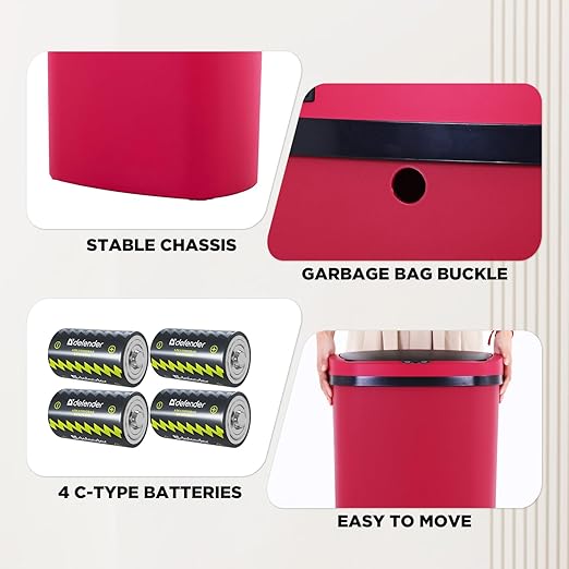 PayLessHere | 13 Gallon Plastic Trash Can | Red | Automatic Touchless Lid - Image 6