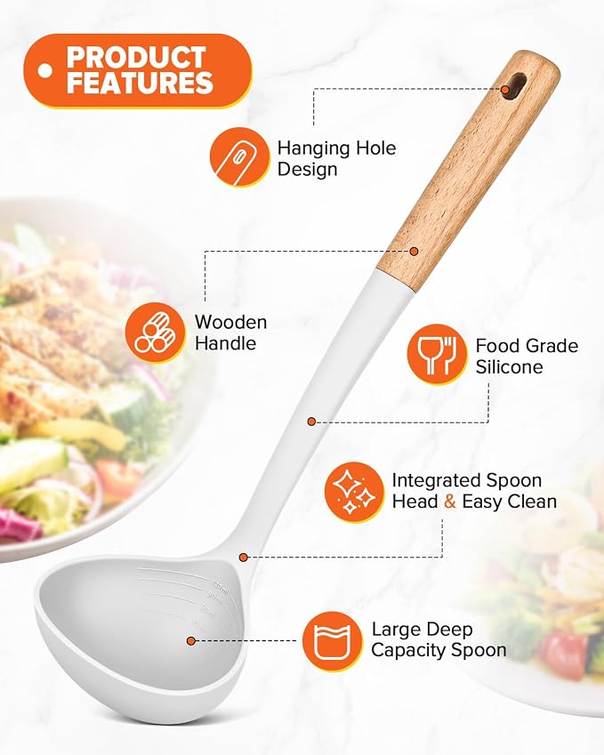 Pasta Fork and Ladle Set, and Sauce Pasta, BPA-Free Matte Silicone, Wood Handle - Image 4