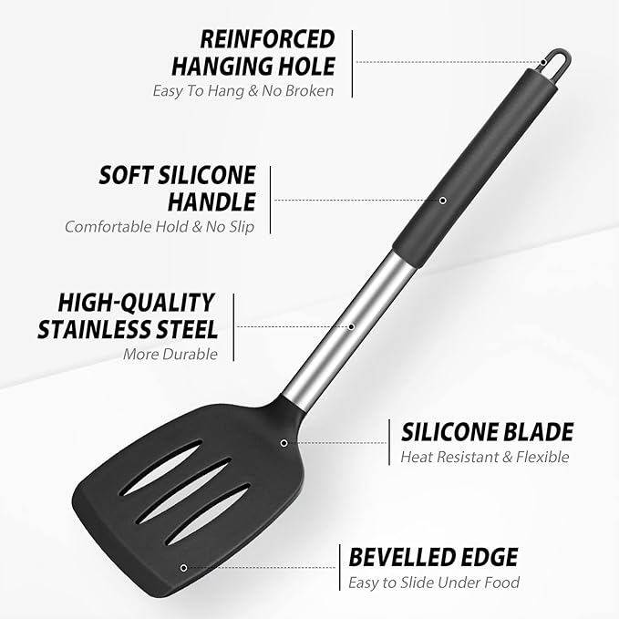 Pack of 4 Large Silicone Cooking Spatulas and Spoons, Slotted and Solid - Image 3