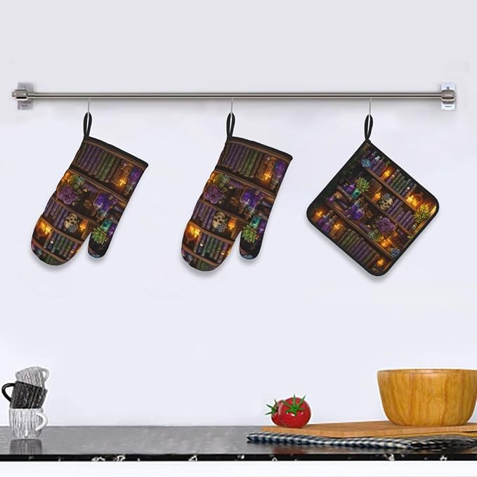 Witch Gothic Oven Mitts and Pot Holders Sets, Witchy Wicca Skull Baking Glovers - Image 6