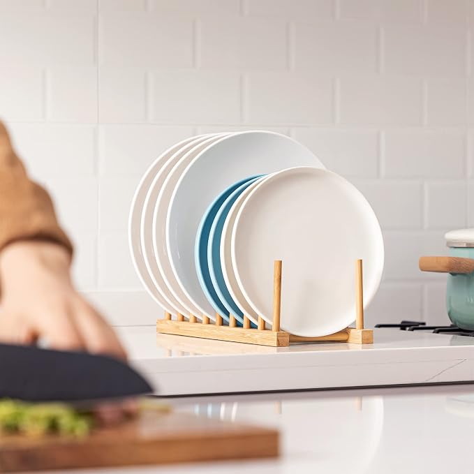 HBlife 4pcs Bamboo Dish Plate Bowl Cup Book Pot Lid Cutting Board Drying Rack - Image 3