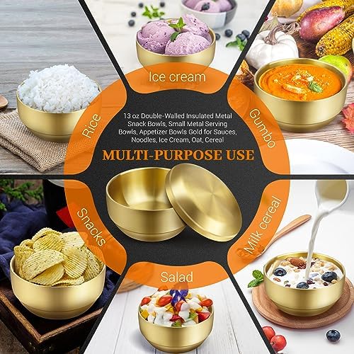 4Pcs Stainless Steel Rice Bowl with Lid 4.7In, 13 oz Double-Walled Insulated Metal Snack Bowls, Small Metal Serving Bowls, Appetizer Bowls Gold for Sauces, Noodles, Ice Cream, Oat, Cereal (4)