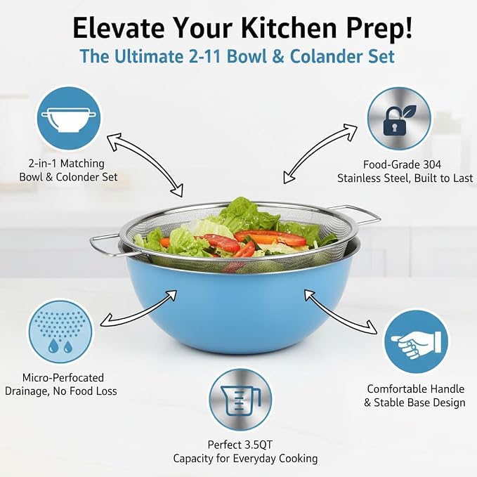 304 Stainless Steel Kitchen Colander Set, 3.5QT Colander - Image 2