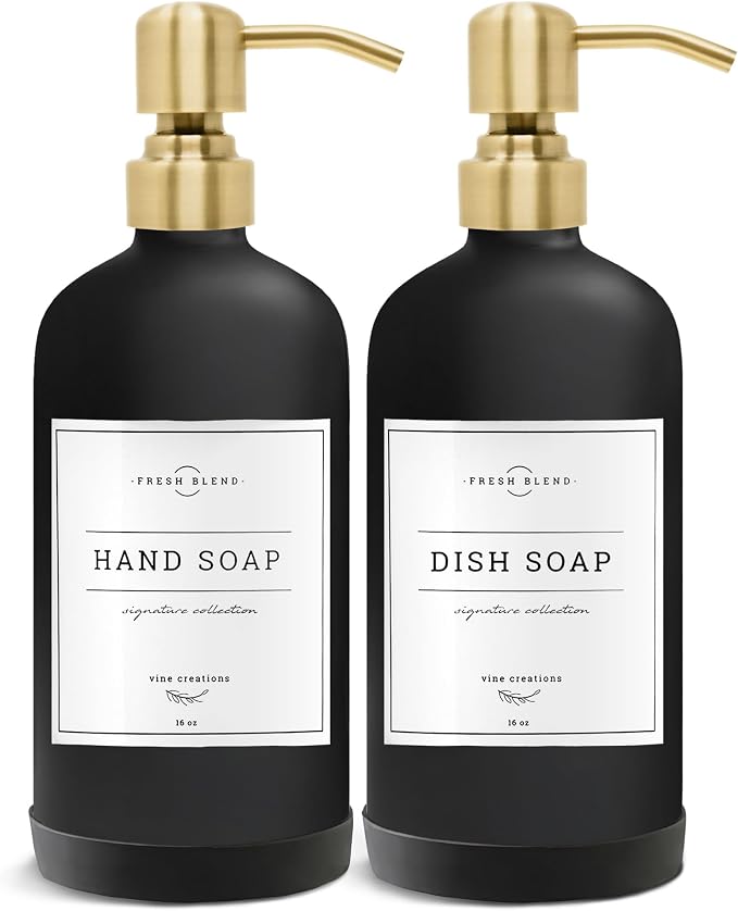 Vine Creations Black Glass Soap Dispenser, 2 Pack Kitchen Soap Dispenser Set by VineCreations