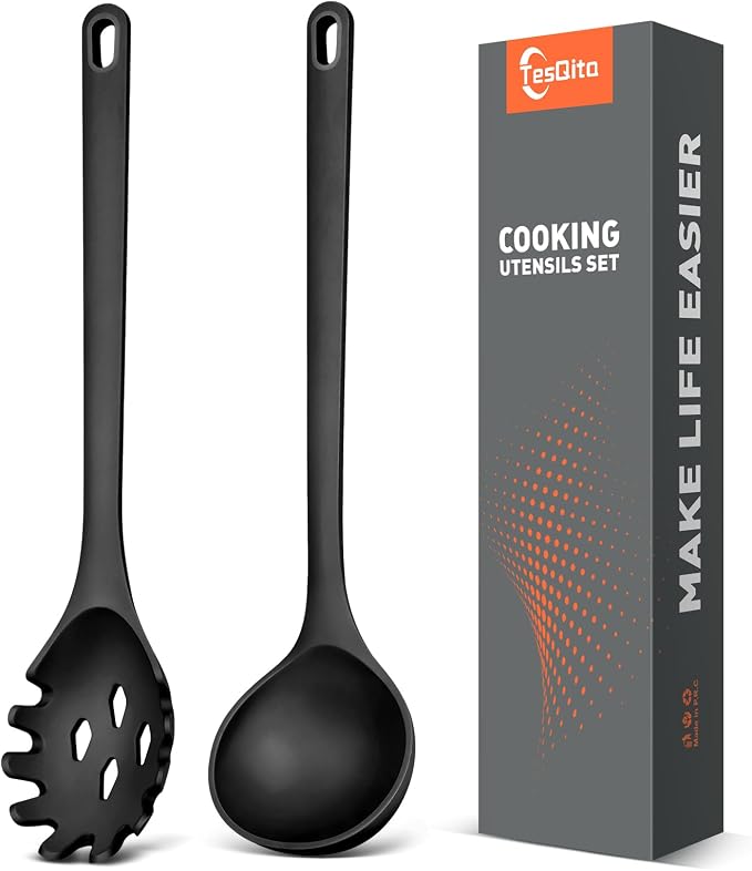 Silicone Spaghetti Spoon&Soup Ladle Cooking Utensils Set of 2, No Scratch by TesQita