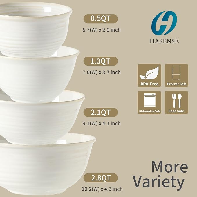 Hasense Porcelain Mixing Bowls, 2.8/2.1/1.0/0.5 Qt, Handmade Large Salad - Image 2