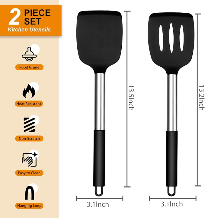 E-far Silicone Spatula Set of 2, Solid & Slotted Turner - Image 2