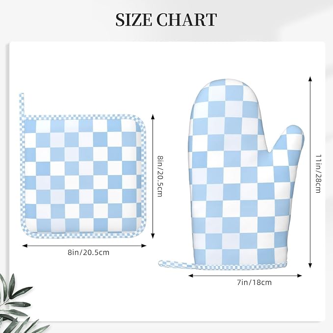 Oven Mitts and Pot Holders Set, Checkerboard Pattern Pastel Blue Silicone - Image 3