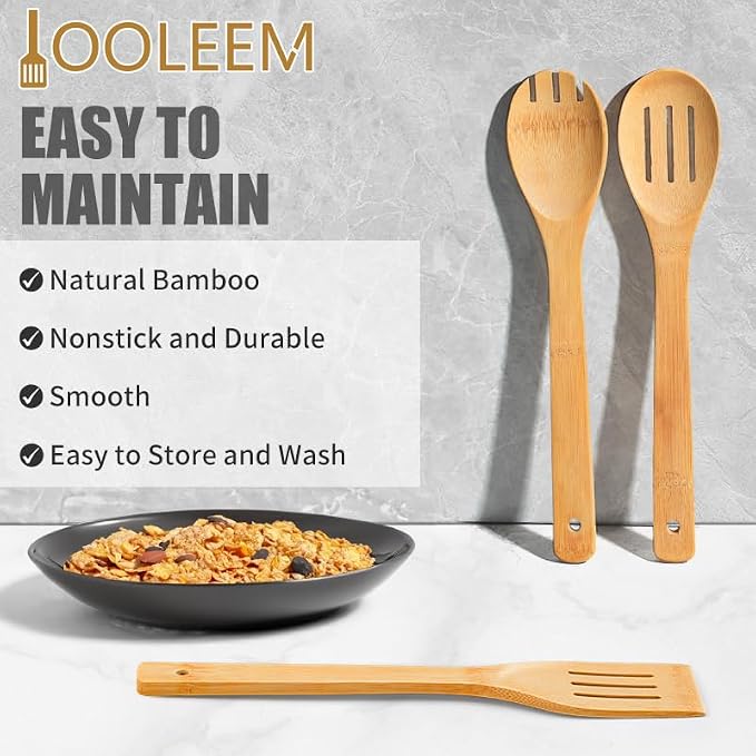 IOOLEEM Bamboo Wooden Spoons for Cooking 6 Pcs 12 Inch, Non-Stick Wooden - Image 3
