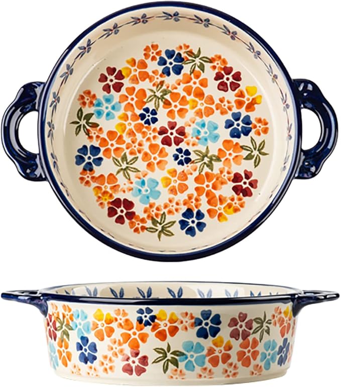 Colorful Cherry Blossom Flowers Vintage Style Ceramic Bakeware Dish Casserole by Bicuzat