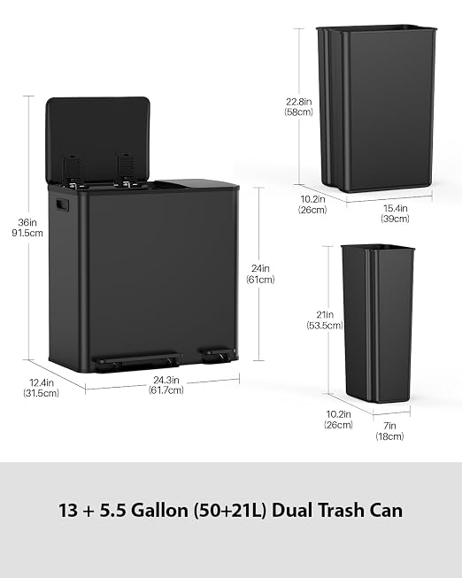 Lovewind Double Trash Can Kitchen, 13+5.5 Gallon Stainless Steel Dual Trash and - Image 7