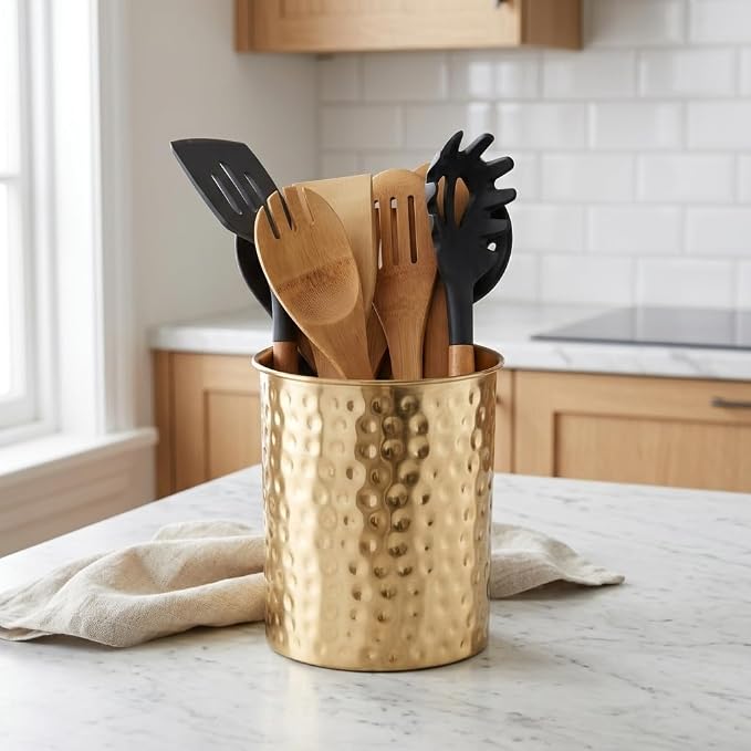 Monarch Abode Kitchen Utensil Holder – Hand Hammered Metal Brushed Gold Utensil - Image 2