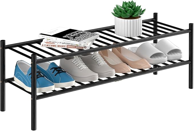 ROMGUAR CRAFT 2-Tier Bamboo Long Shoe Rack, Free Standing Wood Shoe Shelf by ROMGUAR+CRAFT