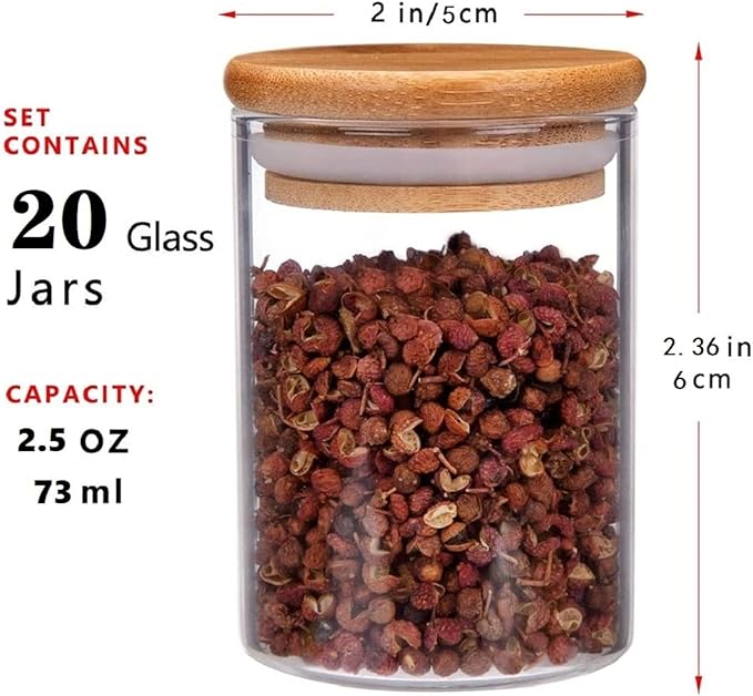 20 Pcs Glass Spice Jars with Airtight Bamboo Lids, Labels and Pen, 2.5oz Mini - Image 6