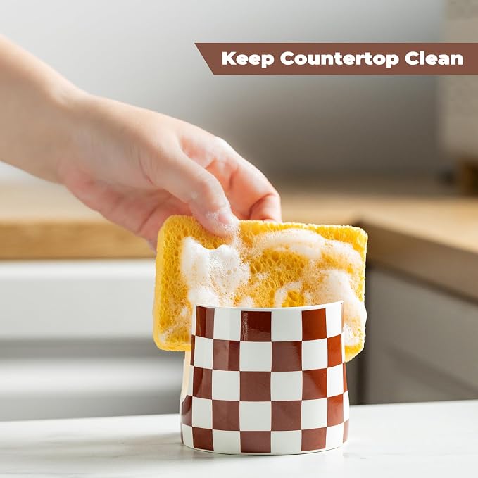 Checkered Sponge Holder for Kitchen Sink, Ceramic Dish Sponge Drying Caddy - Image 7