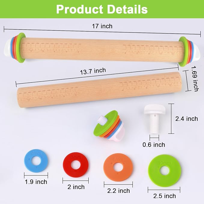 Wood Rolling Pin with Thickness Rings, Adjustable Wooden Rolling Pins - Image 2