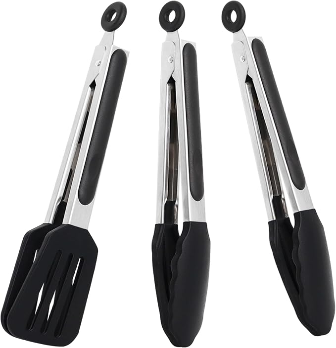 9 Inch Small Kitchen Tongs Set of 3, Silicone Cooking Tongs by Pharamat