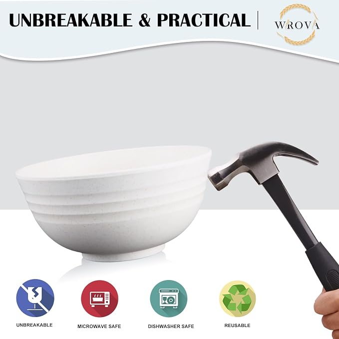 Wrova Wheat Straw Bowls Set of 8, Unbreakable White Cereal Bowl 26OZ, Microwave - Image 4