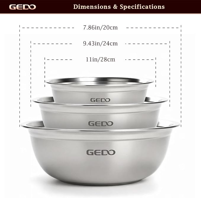 GEDO Stainless Steel 3pcs, Nesting Design, Professional Kitchen Bowls - Image 3