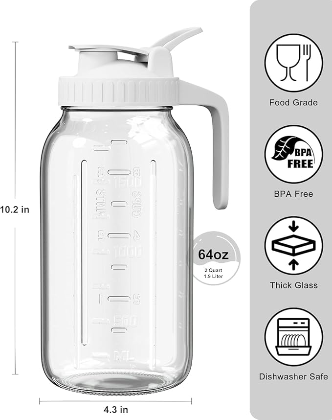 64oz Glass Pitcher, 2 Quart Mason Jar Pitcher - Image 2