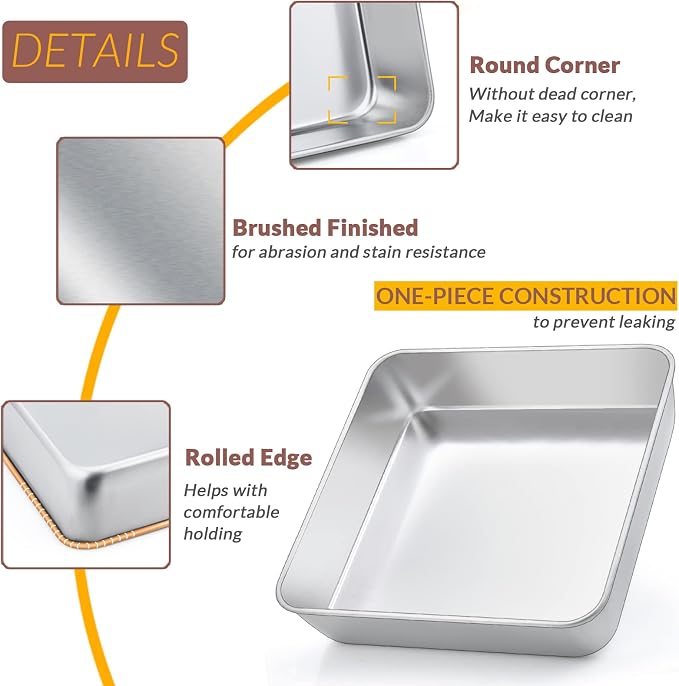 6/8/9-Inch Square Cake Pan Set, E-far Stainless Steel Square Baking Brownie - Image 3
