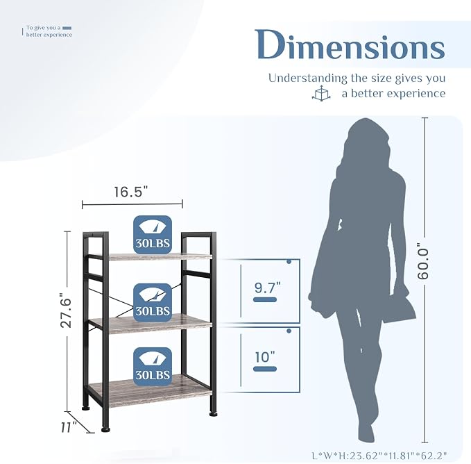 DUMOS 3 Tiers Bookshelf, Classical Book Shelf, Tall Display Shelves in Living - Image 3