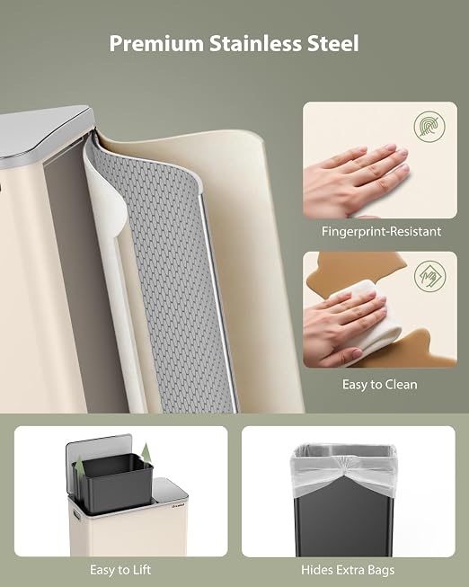 Dual Trash and Recycling Bins for Kitchen, 13.2 + 5.2 Gal Stainless Steel Trash - Image 3