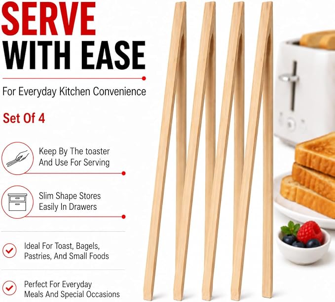 HIC Kitchen Toast Tongs, Natural Bamboo - Image 5
