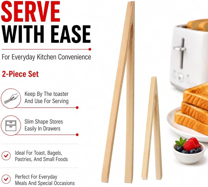 HIC Kitchen Kitchen Toast Tong Set, Natural Bamboo, 6.5 and 12-Inch, 2-Piece Set - Image 5