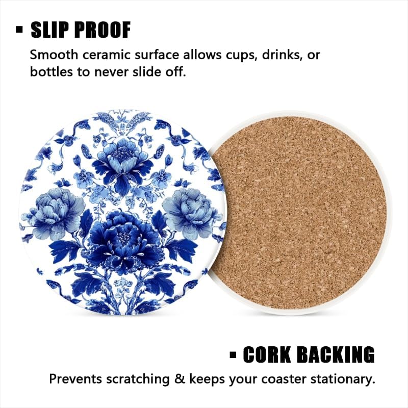 Absorbent Coasters for Drink Set of 6,Bule and White Coasters Cork