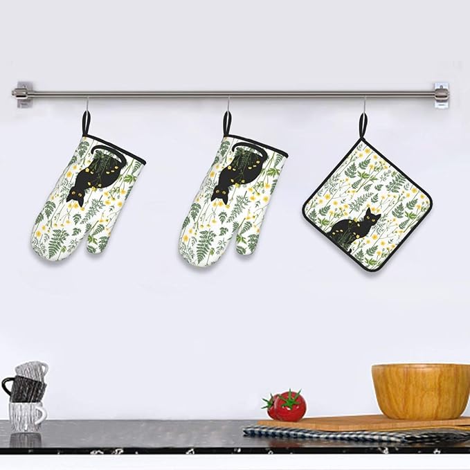 Black Cat Wildflower Hot Pads and Oven Mitts Set of 3, Spring Summer Plants - Image 6