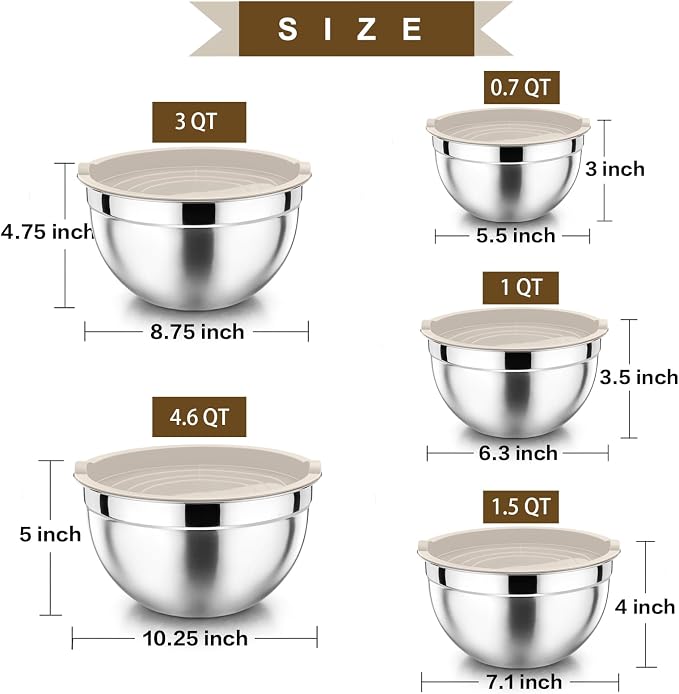 P&P CHEF Mixing Bowls with Airtight Lids Set of 5, 10-Piece Stainless Steel - Image 4